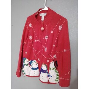 Vintage Tiara Christmas Sweater Snowmen Size Medium Cardigan Zip Red Snowflake